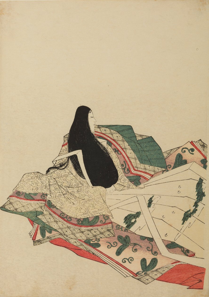 Dama da corte sentada, vista de três quartos por trás, prancha do álbum: Nishiki-zuri onna sanju rokkasen e-zukushi de Chobunsai Eishi