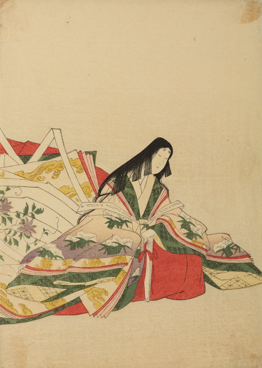 Senhora da corte sentada, apoiada num leque, ilustração do álbum: Nishiki-zuri onna sanju rokkasen e-zukushi de Chobunsai Eishi