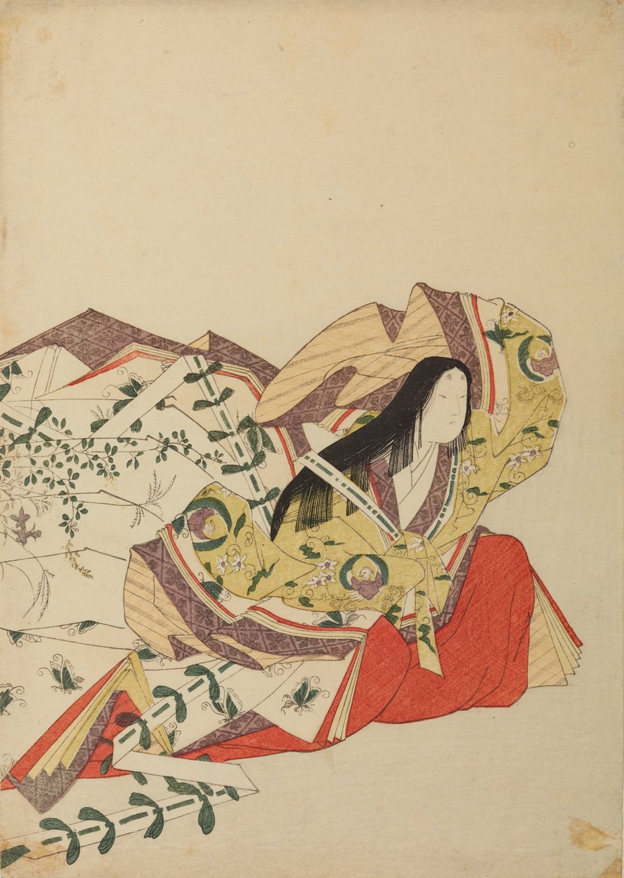 Dama da corte sentada com a mão erguida acima da cabeça, prancha do álbum: Trinta e seis poetisas / Nishiki-zuri onna rokkasen e-zukushi de Chobunsai Eishi