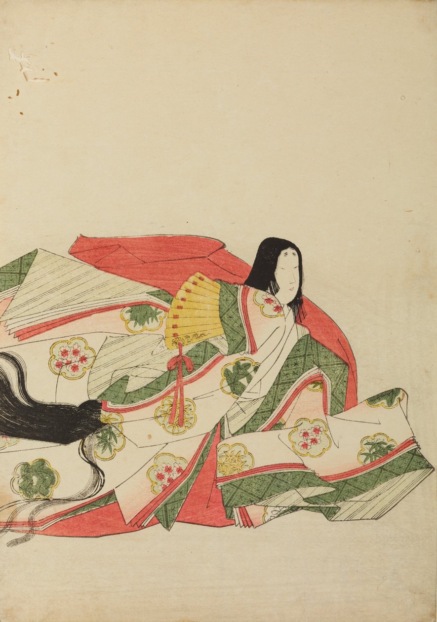 Dama da corte sentada com um leque amarelo, prancha do álbum: Nishiki-zuri onna sanju rokkasen e-zukushi de Chobunsai Eishi