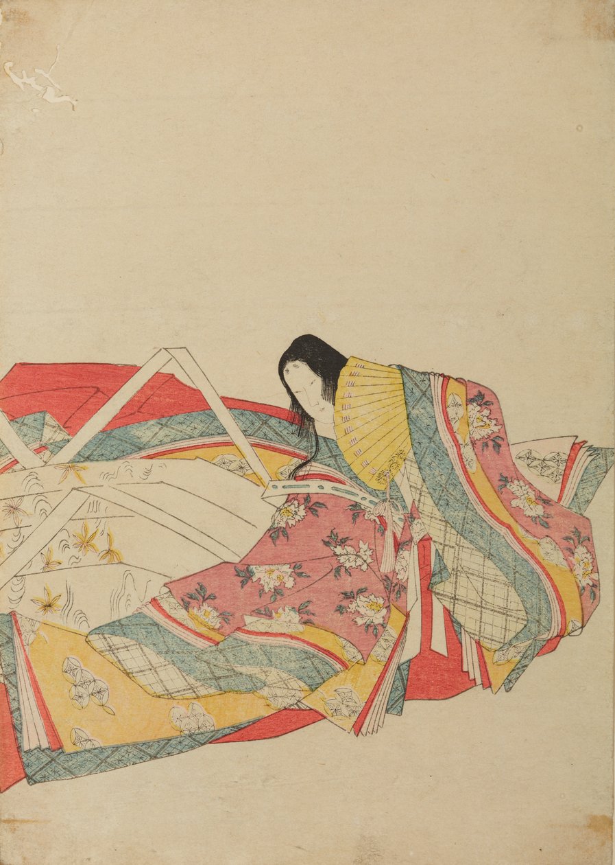 Dama da corte sentada com leque amarelo, prancha do álbum: Trinta e seis poetisas / Nishiki-zuri onna sanju rokkasen e-zukushi de Chobunsai Eishi