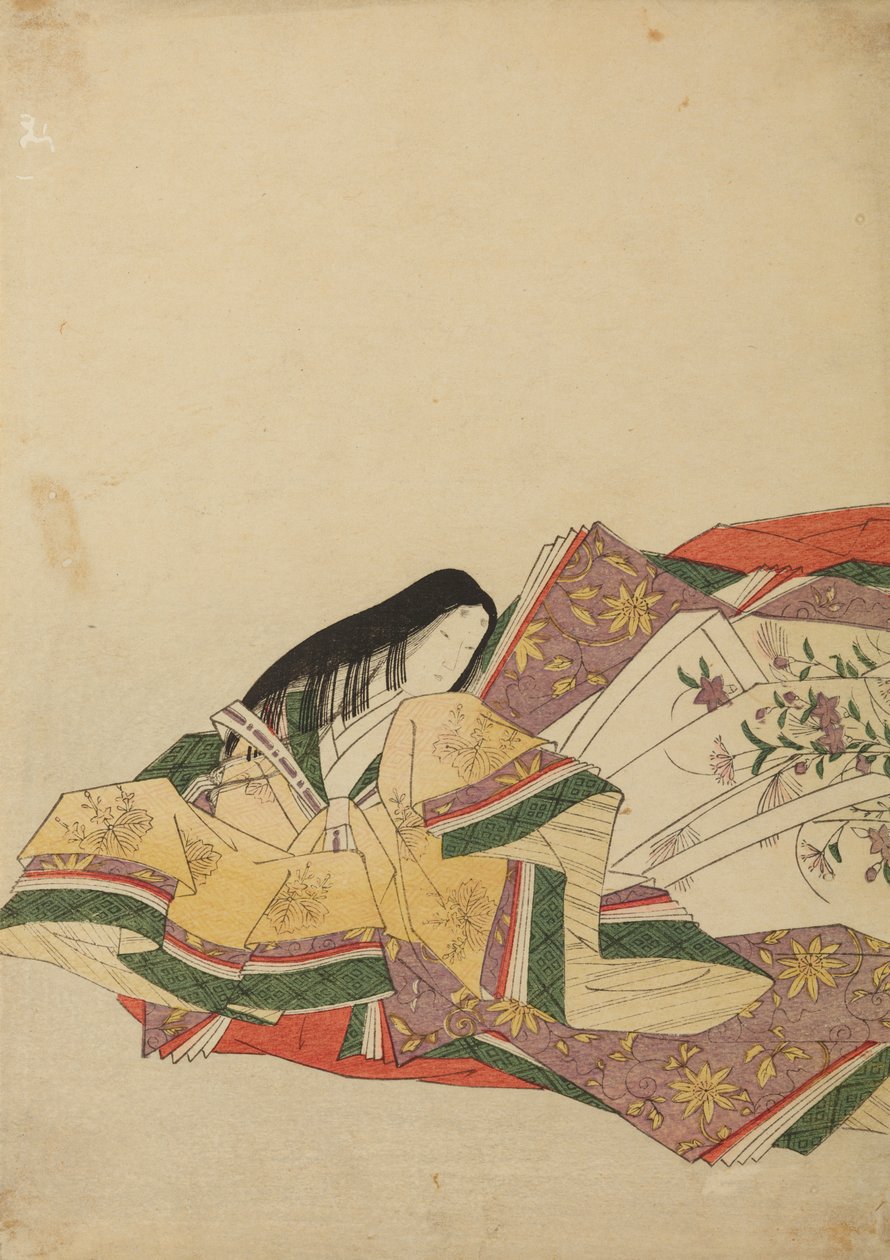 Dama da corte sentada, virada para a esquerda, ilustração do álbum: Nishiki-zuri onna sanju rokkasen e-zukushi de Chobunsai Eishi