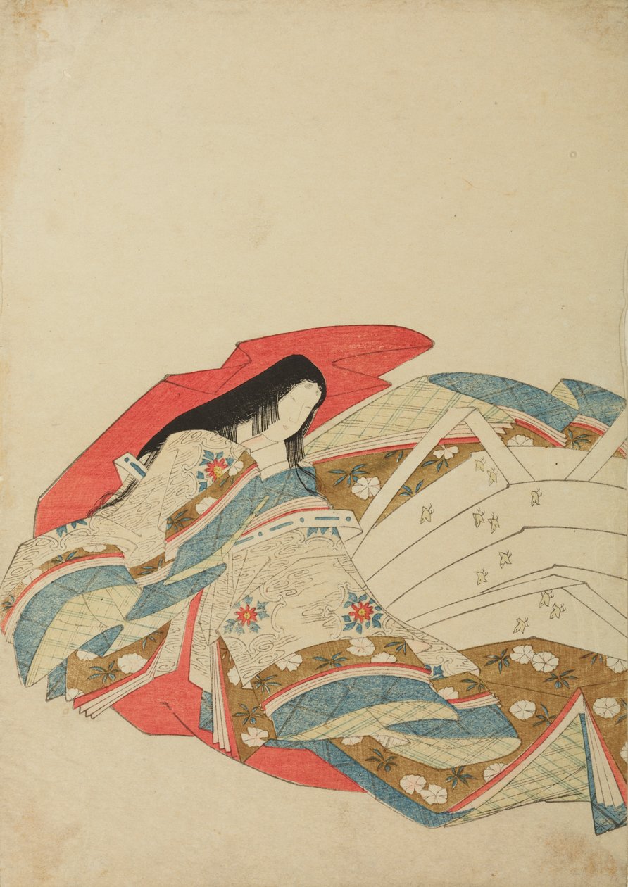 Dama da corte sentada, virada para a esquerda, prancha do álbum: Nishiki-zuri onna sanju rokkasen e-zukushi de Chobunsai Eishi