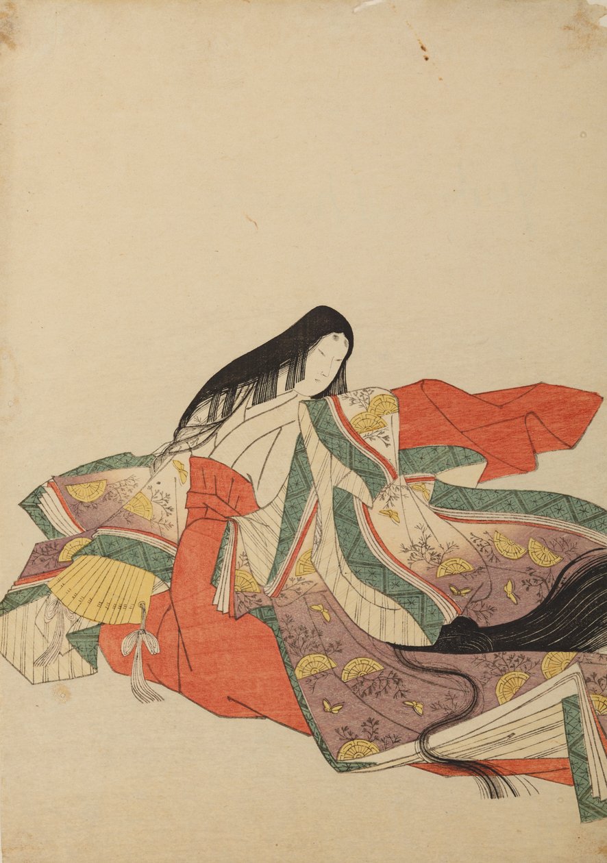 Dama da corte sentada, virada para a esquerda, prancha do álbum: Nishiki-zuri onna sanju rokkasen e-zukushi de Chobunsai Eishi