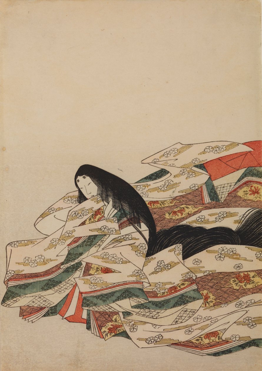 Dama da corte sentada, virada para a esquerda, prancha do álbum: Nishiki-zuri onna sanjū rokkasen e-zukushi de Chobunsai Eishi
