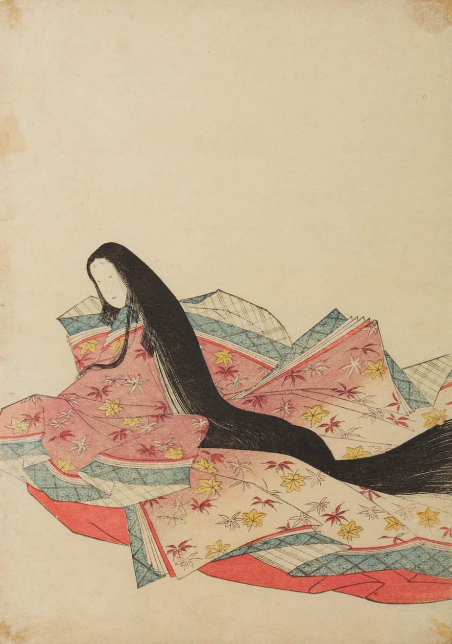 Dama da corte sentada, virada para a esquerda, com um vestido lilás-rosa, ilustração do álbum: Nishiki-zuri onna sanju rokkasen e-zukushi de Chobunsai Eishi