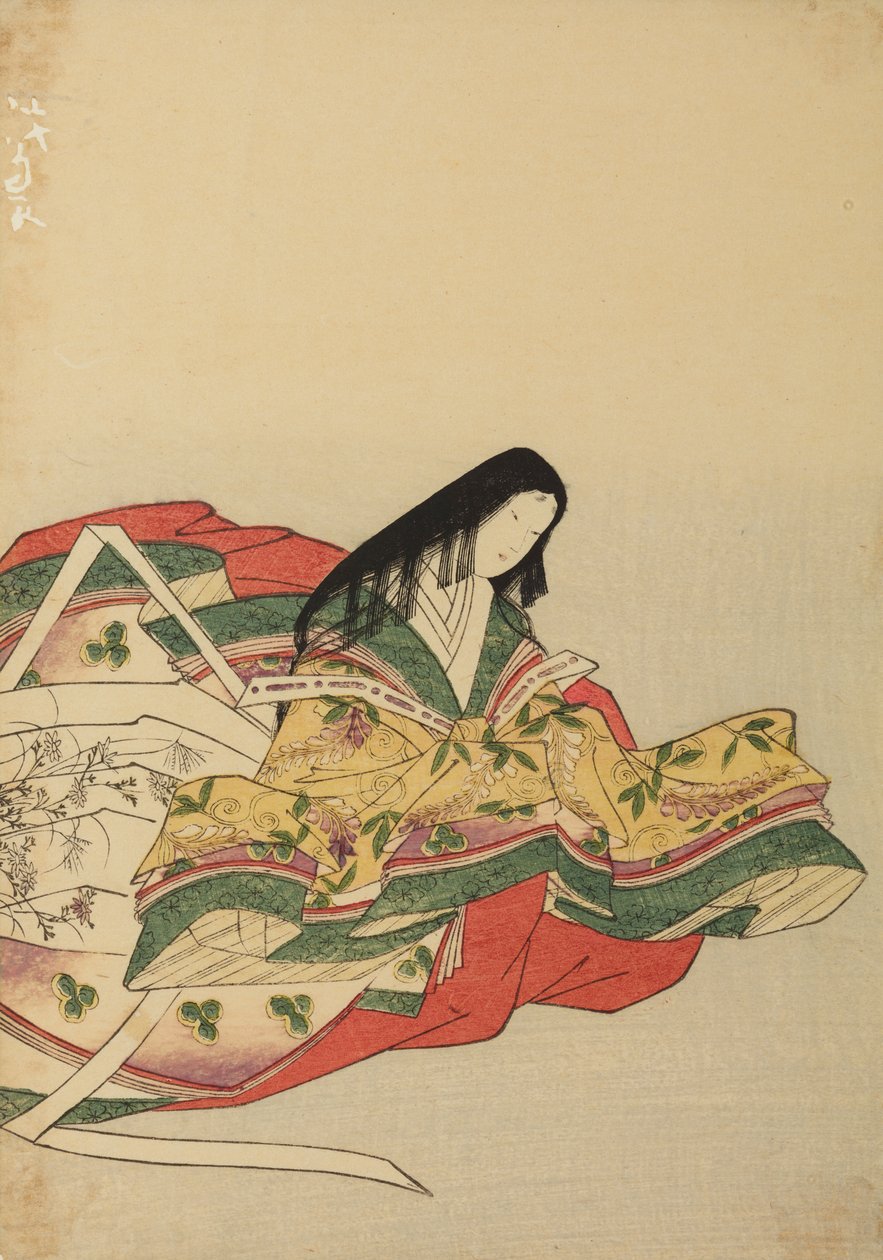 Senhora da corte sentada, virada para a direita, ilustração do álbum: Nishiki-zuri onna sanju rokkasen e-zukushi de Chobunsai Eishi