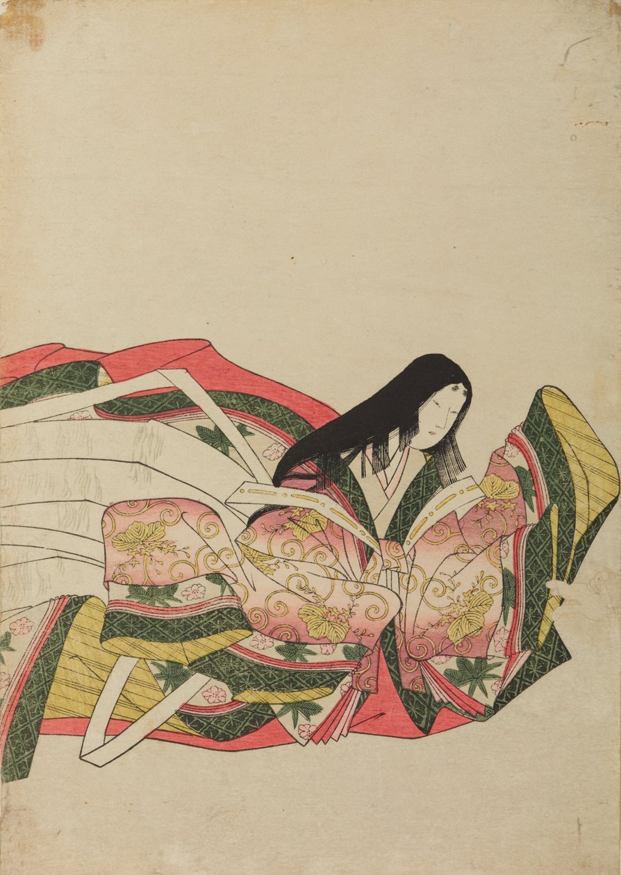 Dama da corte sentada, virada para a direita, ilustração do álbum: Trinta e seis poetisas / Nishiki-zuri onna sanju e-zukushi de Chobunsai Eishi