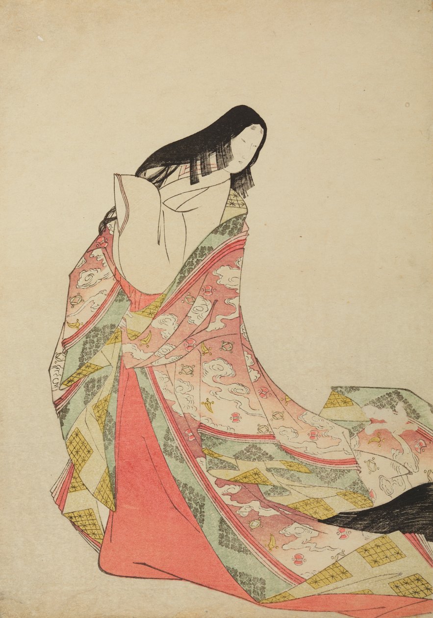Dama da corte de pé com um traje lilás-rosa descaído dos ombros, prancha do álbum: Nishiki-zuri onna sanju rokkasen e-zukushi de Chobunsai Eishi