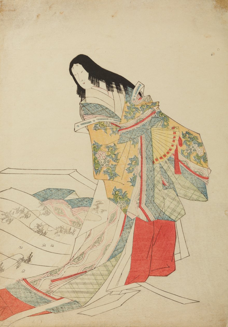 Dama da corte de pé com leque, prancha do álbum: Nishiki-zuri onna sanju e-zukushi de Chobunsai Eishi