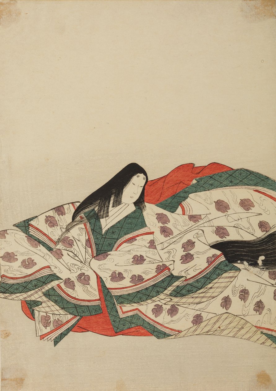 Dama da corte em quimono branco com padrão de patinhos na água, prancha do álbum: Nishiki-zuri onna sanju rokkasen e-zukushi de Chobunsai Eishi