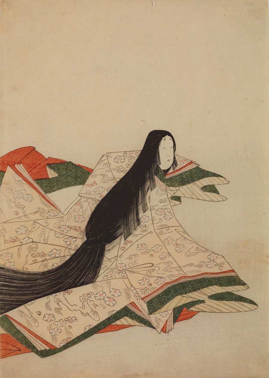 Dama da corte com um quimono rosa com um padrão de flores de cerejeira sobre as ondas, ilustração do álbum: Trinta e seis poetisas / Nishiki-zuri onna sanju rokkasen e-zukushi de Chobunsai Eishi