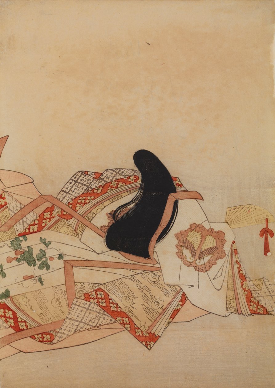 Dama da corte com leque, prancha do álbum: Trinta e seis poetisas / Colectânea ilustrada das trinta e seis poetisas em impressão de brocado de Chobunsai Eishi