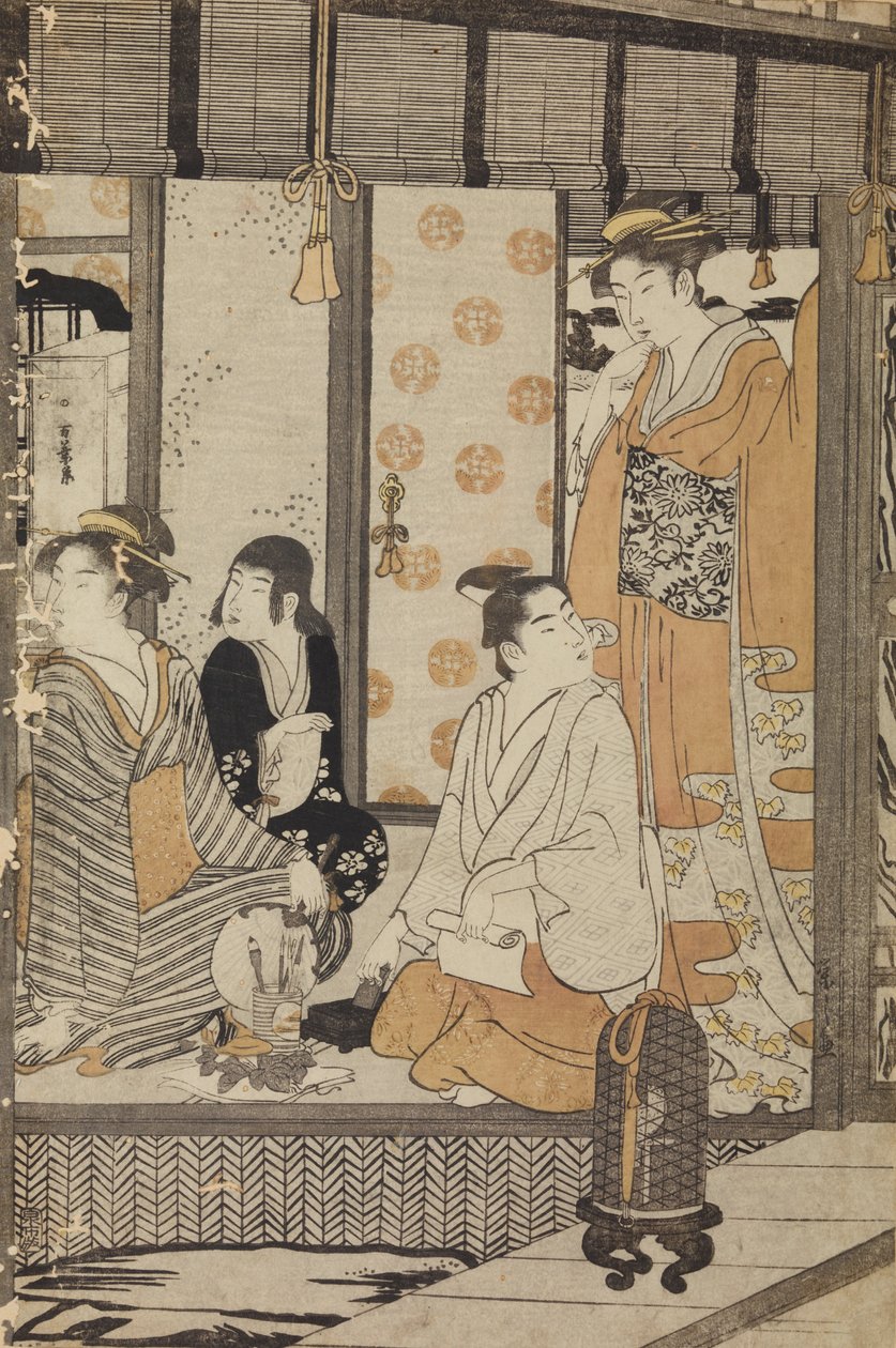 Duas mulheres, um rapaz e uma menina no interior de uma casa de Chobunsai Eishi
