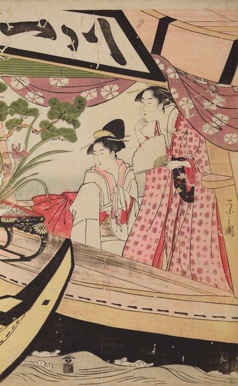 Duas mulheres num barco coberto durante um passeio de verão de Chobunsai Eishi