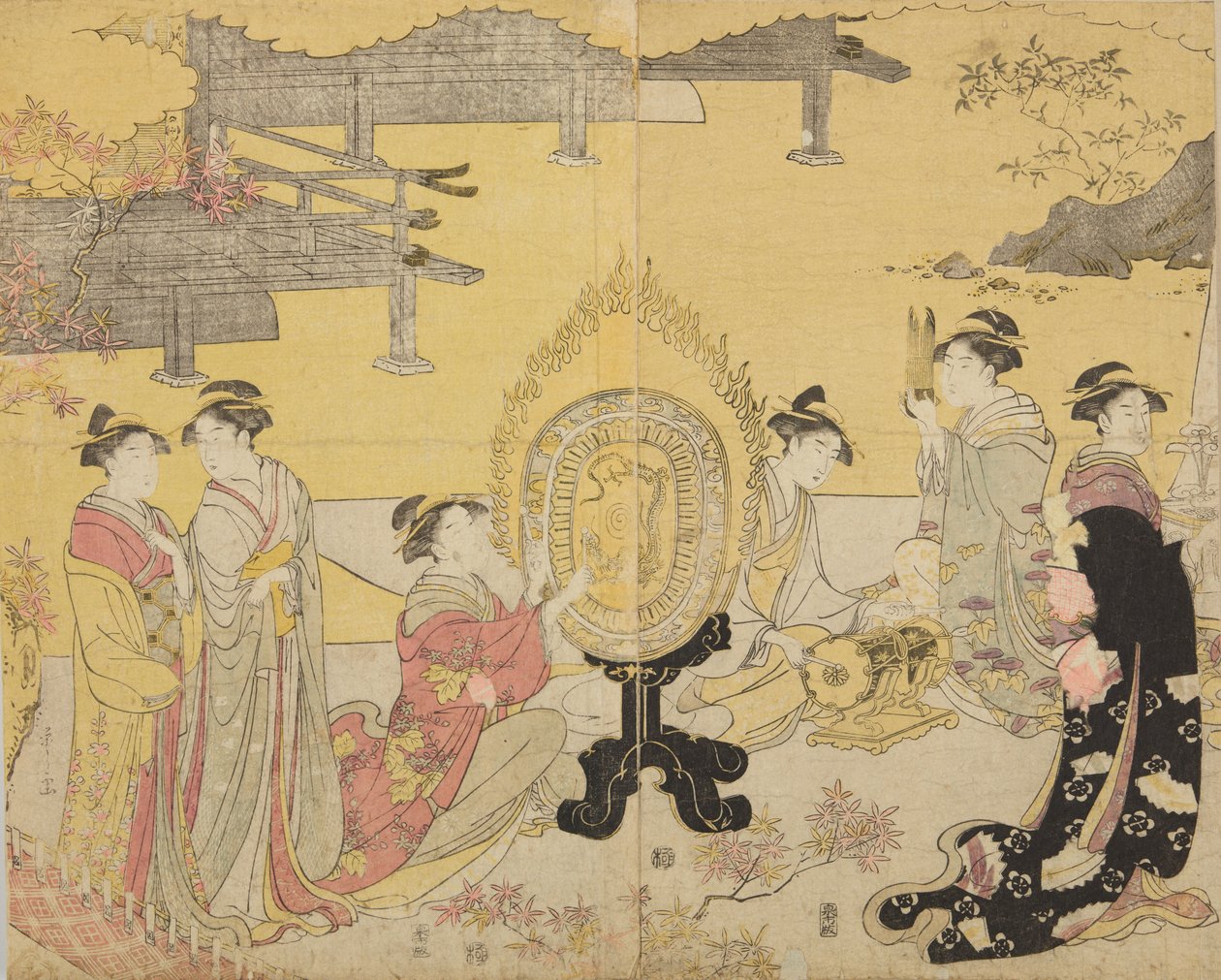Grupo de mulheres com instrumentos musicais, da série Furyu yatsushi Genji de Chobunsai Eishi