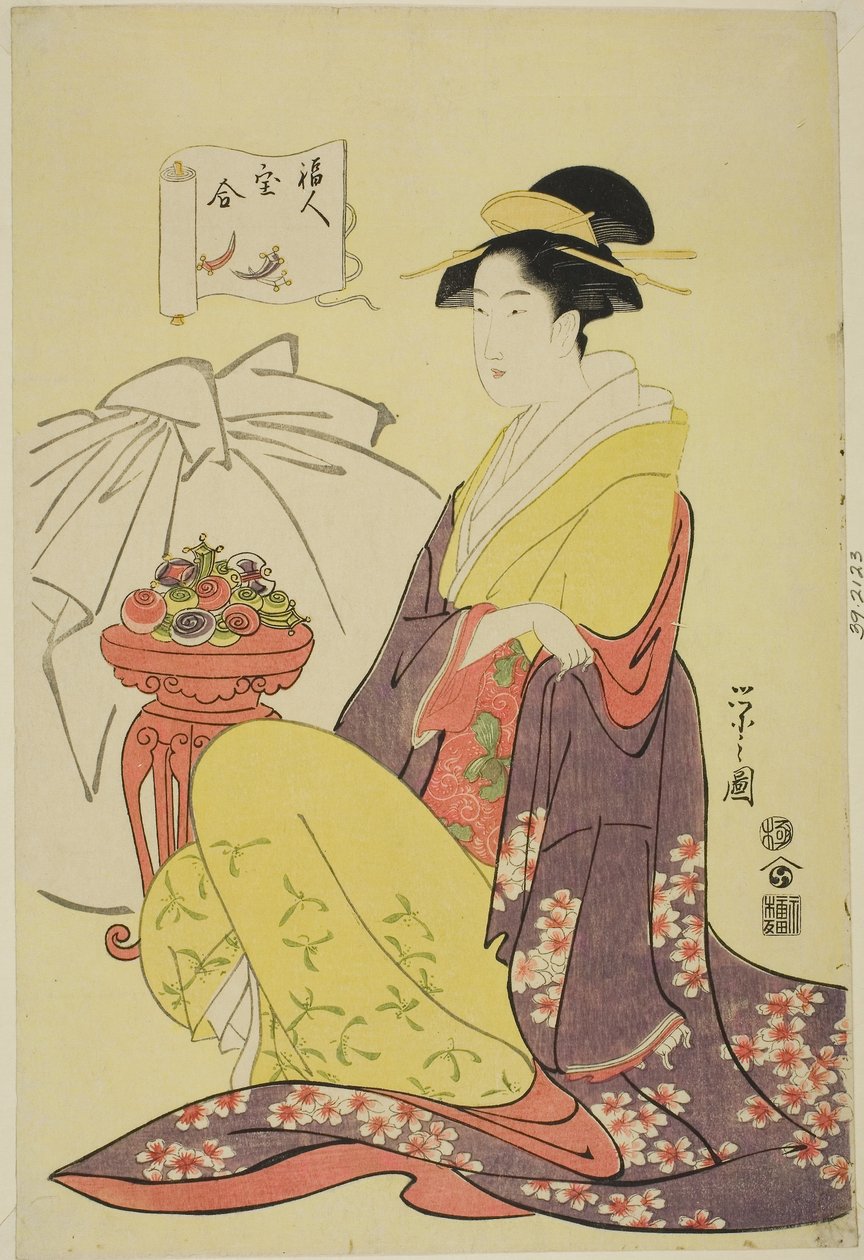 Hotei, da série "Comparação dos Tesouros dos Deuses da Boa Fortuna (Fukujin takara awase)", c.1795 (xilogravura a cores; oban) de Chobunsai Eishi