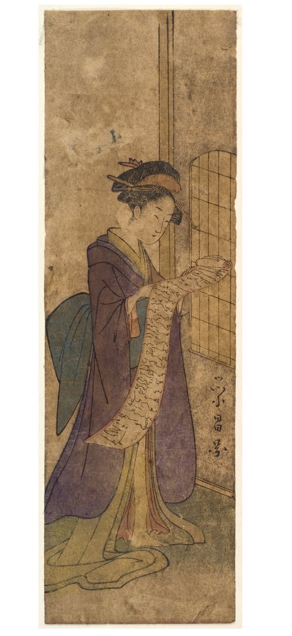 Senhora lendo uma carta de rolagem longa de Chobunsai Eishi