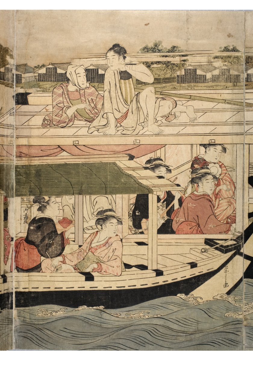 Parte de um pentáptico horizontal da cena do Rio Sumida de Chobunsai Eishi