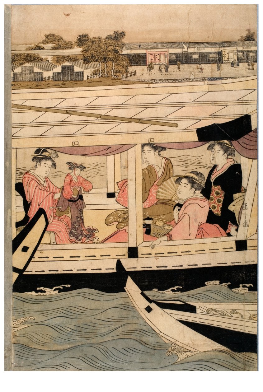 Parte de um pentáptico horizontal da cena do Rio Sumida de Chobunsai Eishi