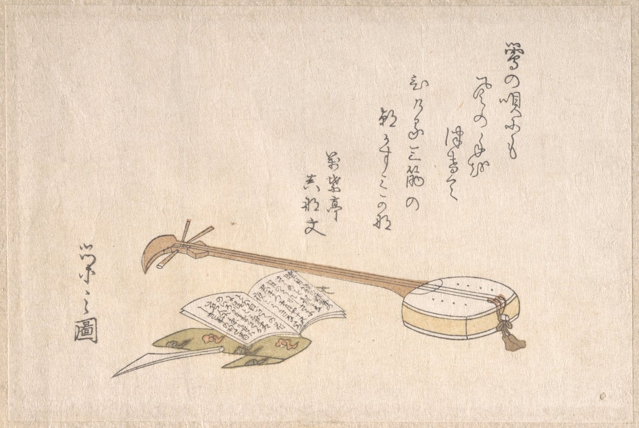 Shamisen, palheta e um livro de Chobunsai Eishi