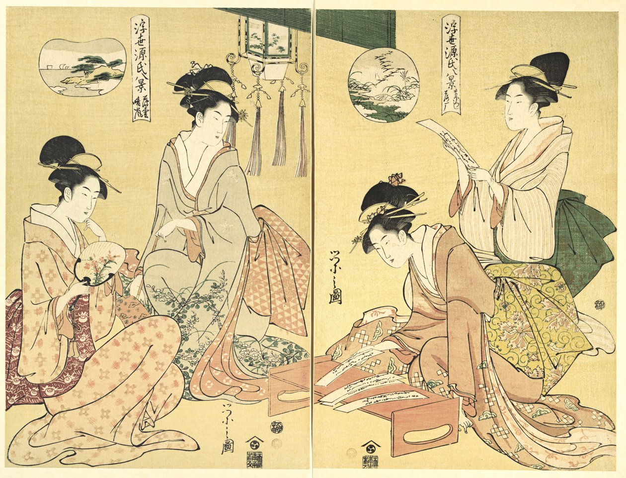 Evocador de espíritos; gansos selvagens a regressar a casa (Maboroshi; Rakugan) (à direita) e um fino véu de nuvens; tempo a abrir (Usugumo; Seiran) (à esquerda), da série Oito vistas do Conto de Genji no mundo flutuante (Ukiyo Genji hakkei) de Chobunsai Eishi