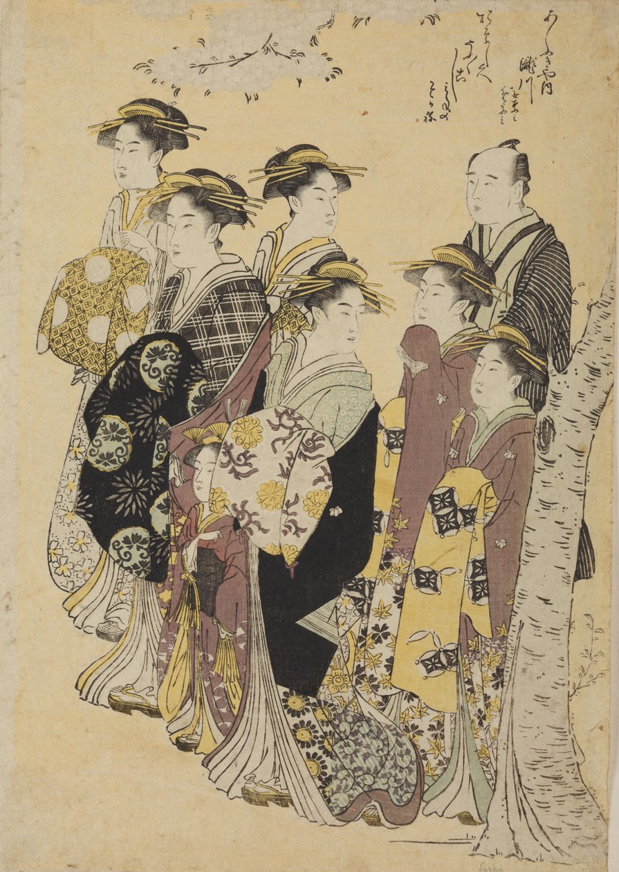 Seis oiran a passear com uma menina e um homem de Chobunsai Eishi