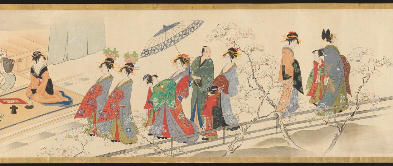 Três deuses da boa fortuna visitam Yoshiwara; ou «Cenas de prazer no auge da primavera» de Chobunsai Eishi
