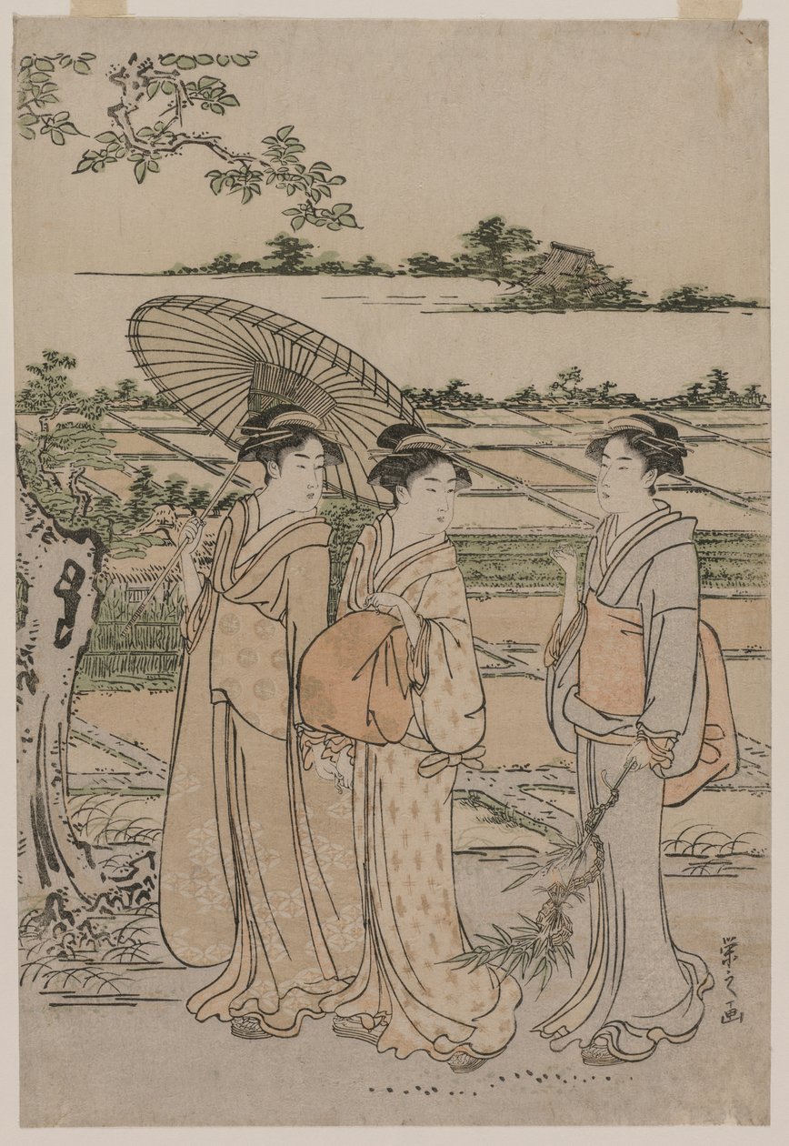 Três mulheres passeando no campo, em meados da década de 1780. de Chobunsai Eishi