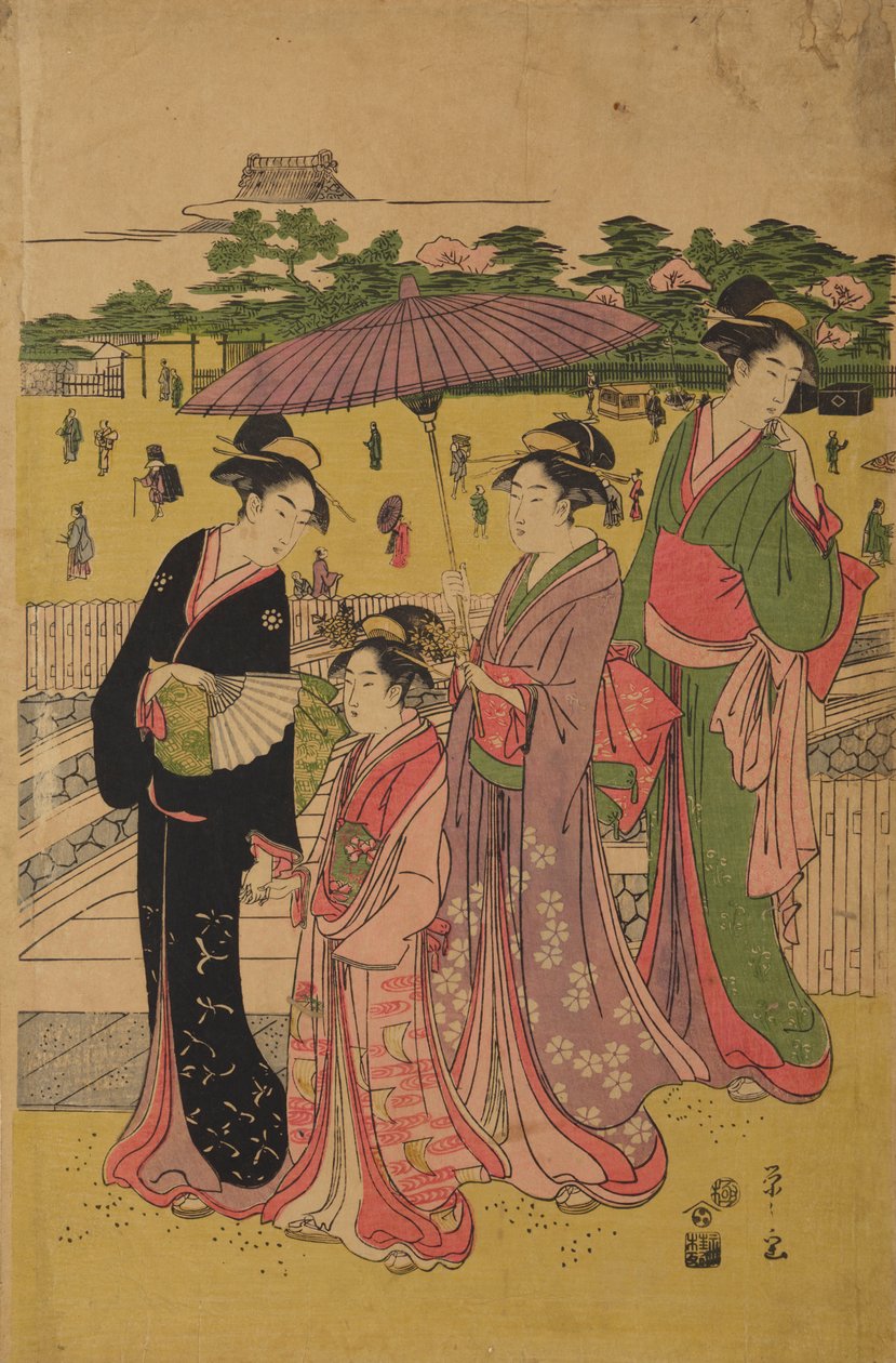 Três mulheres e uma menina a passear sob uma sombrinha de Chobunsai Eishi