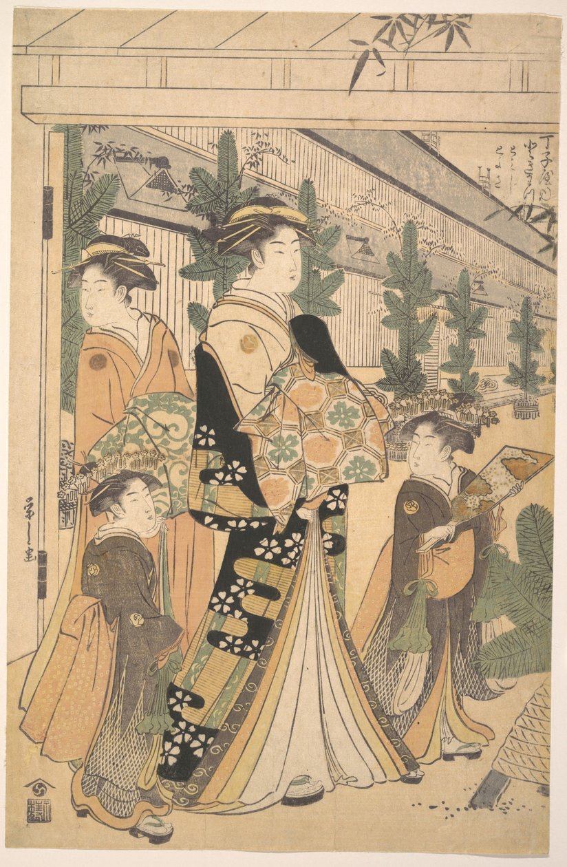Duas oiran com duas acompanhantes em Yoshiwara de Chobunsai Eishi