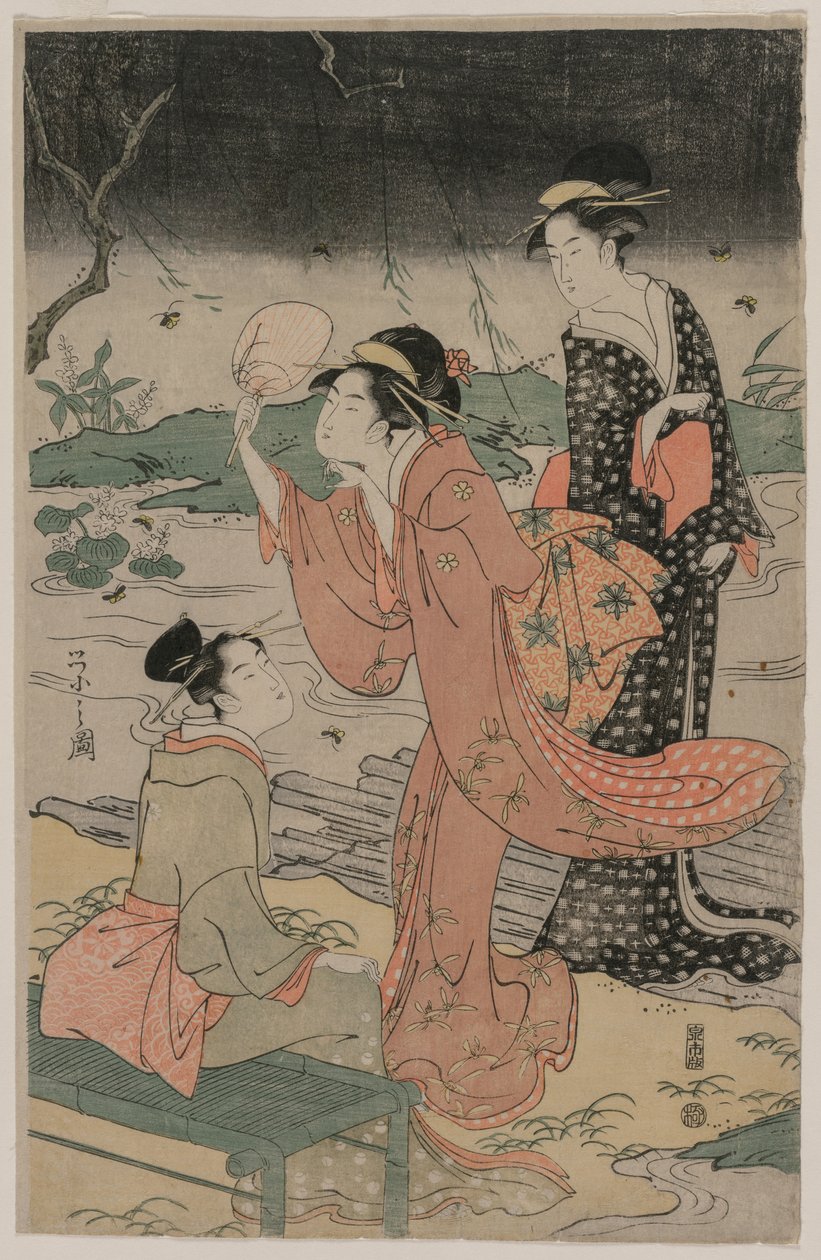 Mulheres ao lado de um córrego atrás de vaga-lumes, meados da década de 1790. de Chobunsai Eishi