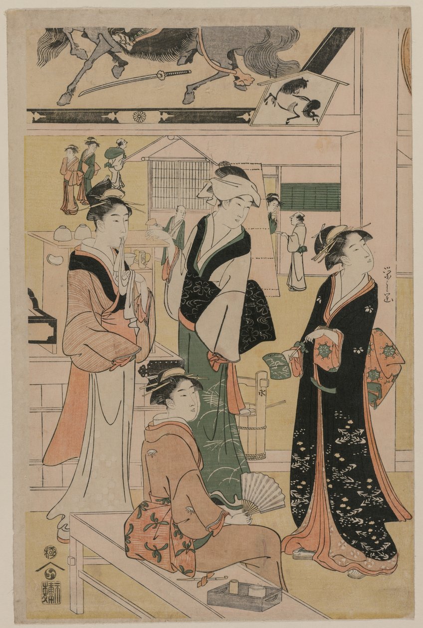 Mulheres visitando uma barraca de chá nos arredores de um templo de Chobunsai Eishi