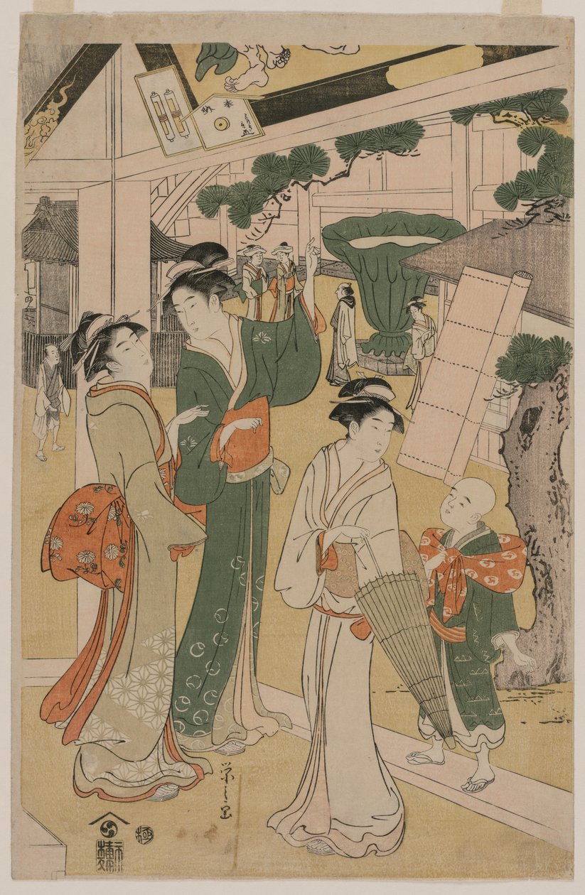 Mulheres visitando uma barraca de chá nos arredores de um templo de Chobunsai Eishi
