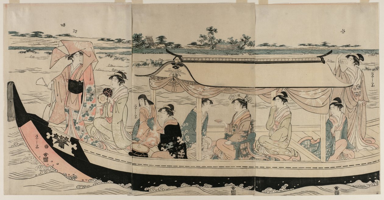Mulheres em um barco de recreio no rio Sumida, início dos anos 1790. de Chobunsai Eishi