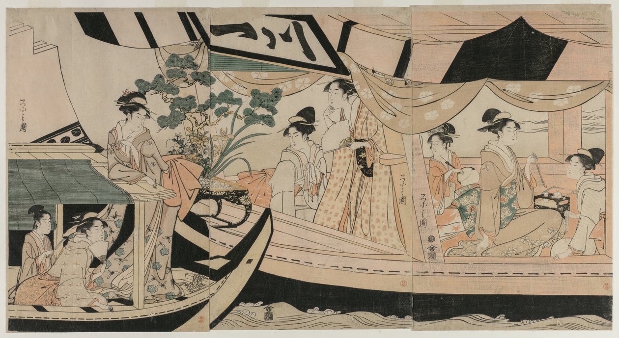 Mulheres em um barco de recreio no rio Sumida, em meados da década de 1790. de Chobunsai Eishi