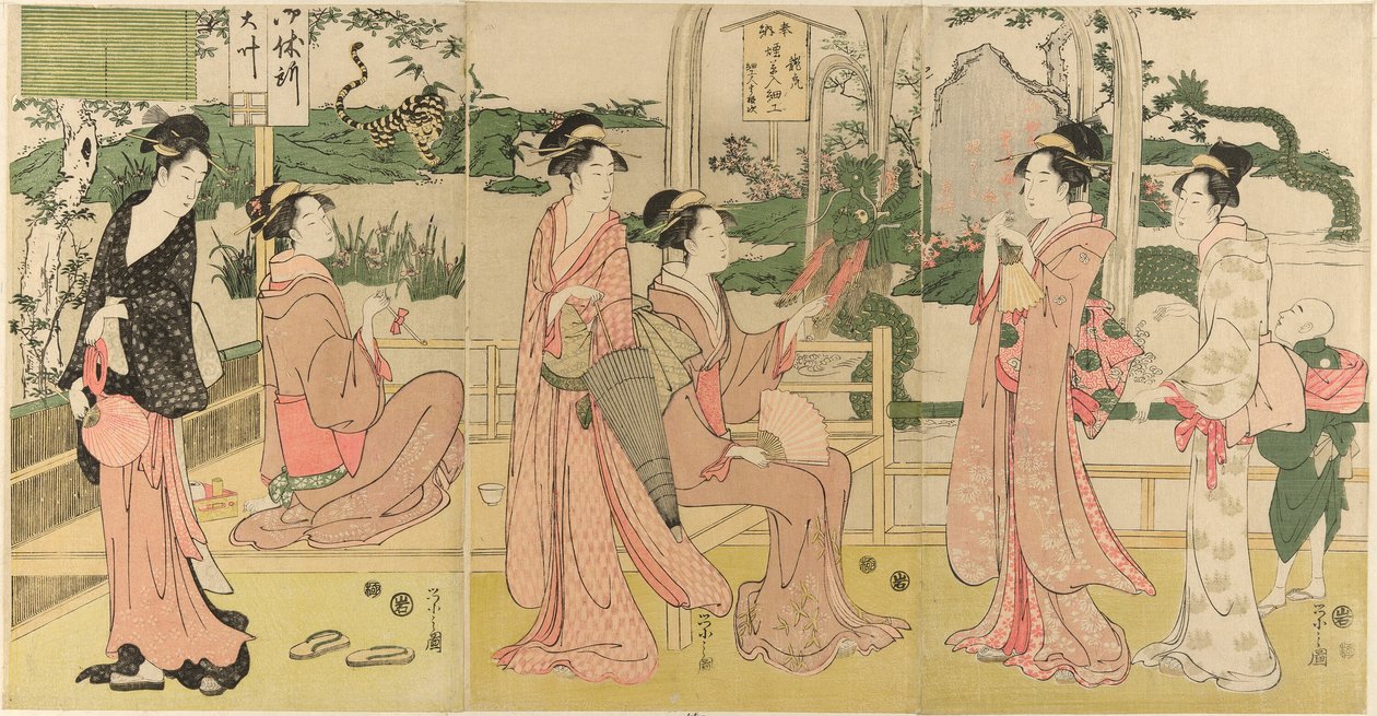 Mulheres vendo dragão e tigre feito de bolsas de tabaco de Chobunsai Eishi