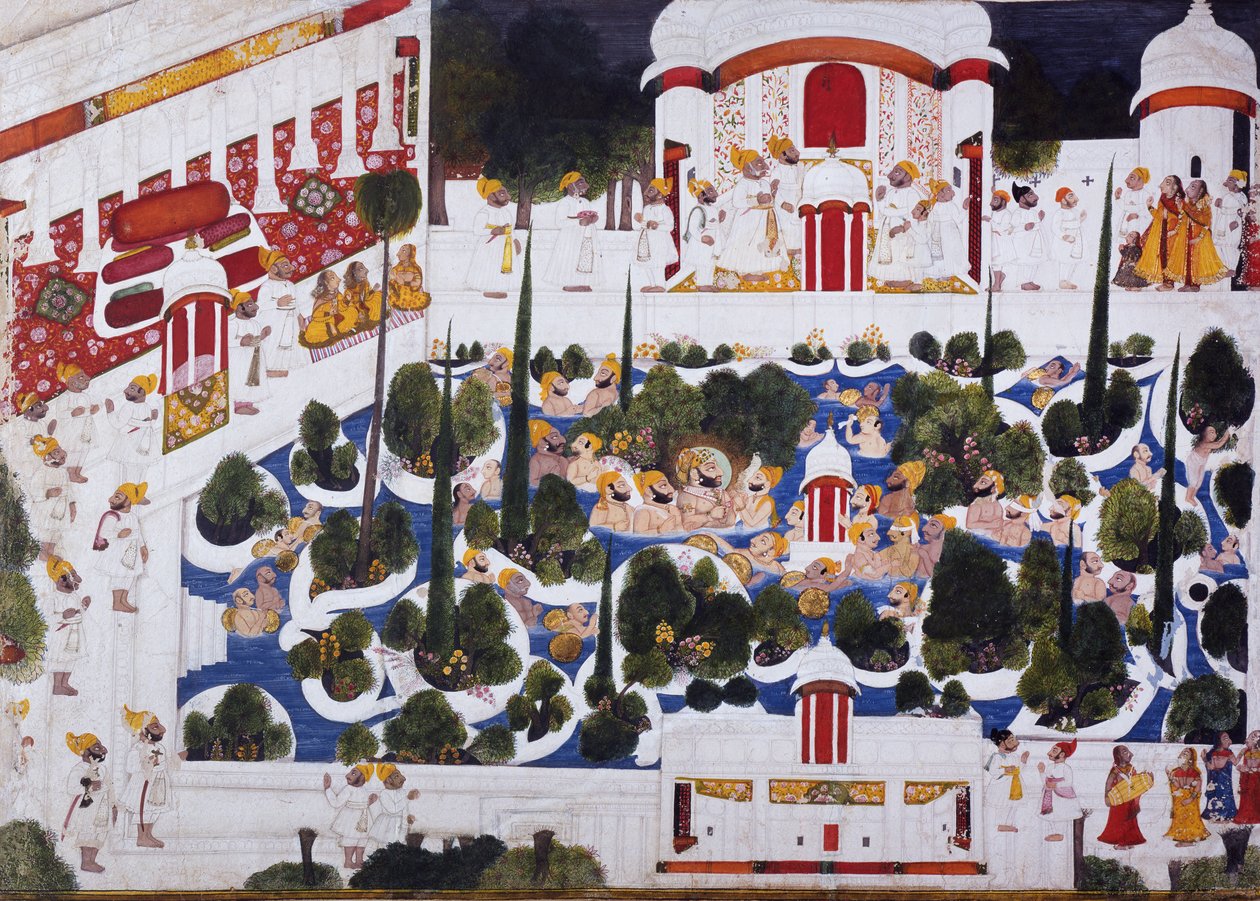 Maharana Bhim Singh brinca com nobres na piscina do palácio, 1803 de Chokha