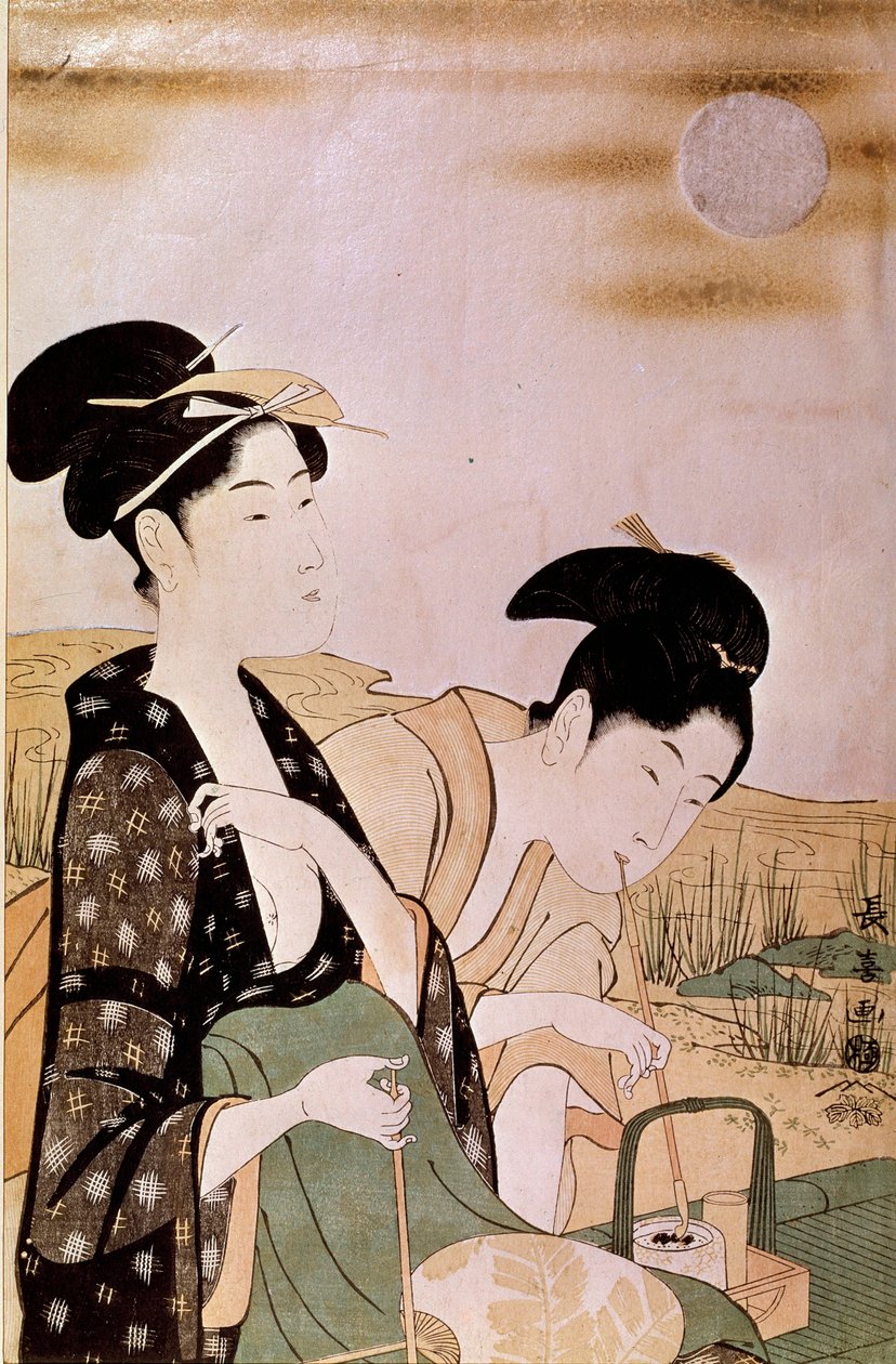 Admirando a lua: duas mulheres fumando. Estampas de Choki Eishosai (activo no final do século XVIII - início do século XIX) de Choki Eishusai