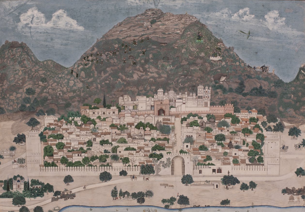 Vista de uma cidade fortificada, 1886 (wc opaca no papel) de Chotu Lal