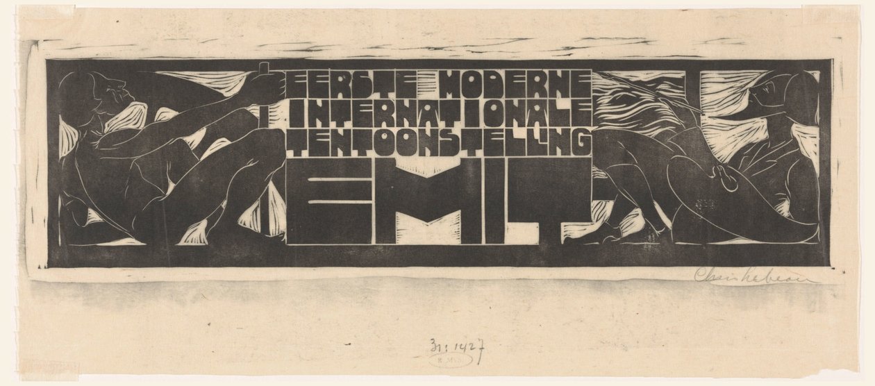 Anúncio ou título de cabeça da Primeira Exposição Internacional Moderna (EMIT) em Scheveningen
Primeira Exposição Internacional Moderna EMIT (título sobre o objecto) de Chris Lebeau (signed by artist)