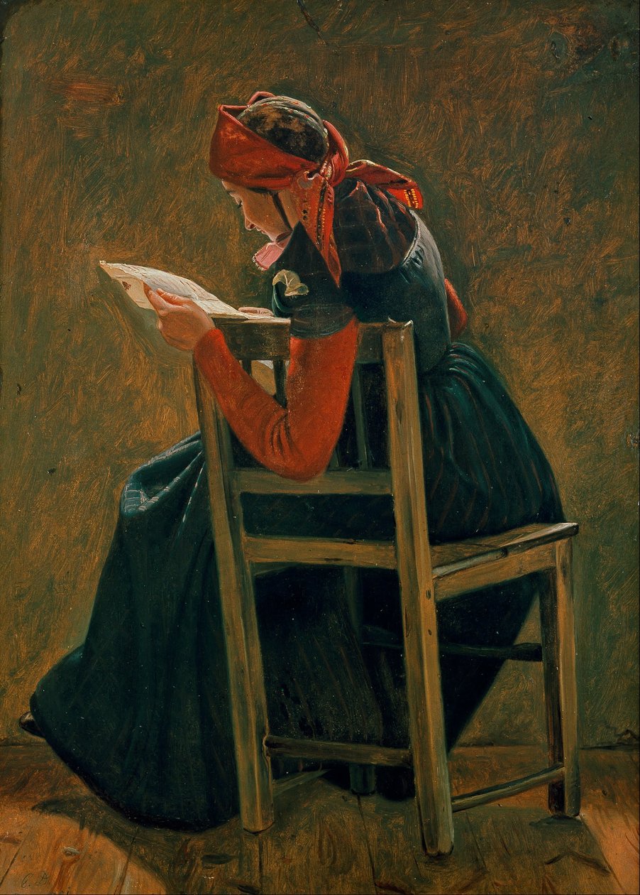 Uma rapariga jovem que Salling leitura. Estude. de Christen Dalsgaard