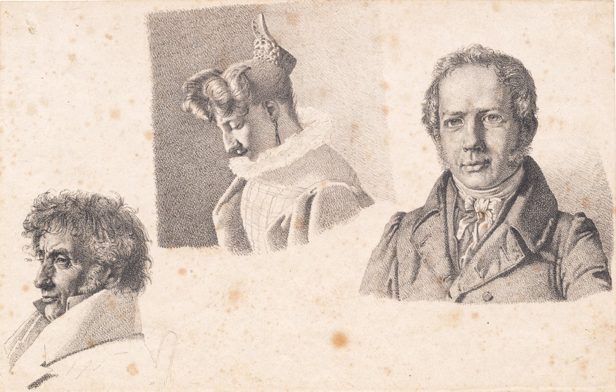 Folha com três retratos: Baker Master Købke, Sophie Krohn e N. Feilberg de Christen Købke