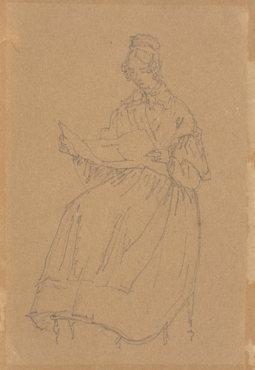 A esposa do artista, sentada de corpo inteiro, lendo um jornal de Christen Købke