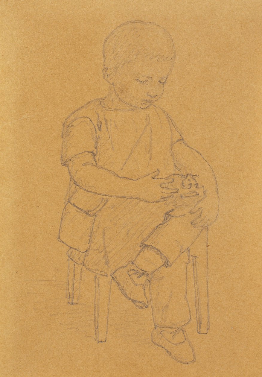 O filho do artista Peter, figura inteira, sentado com um animal ou um brinquedo de Christen Købke