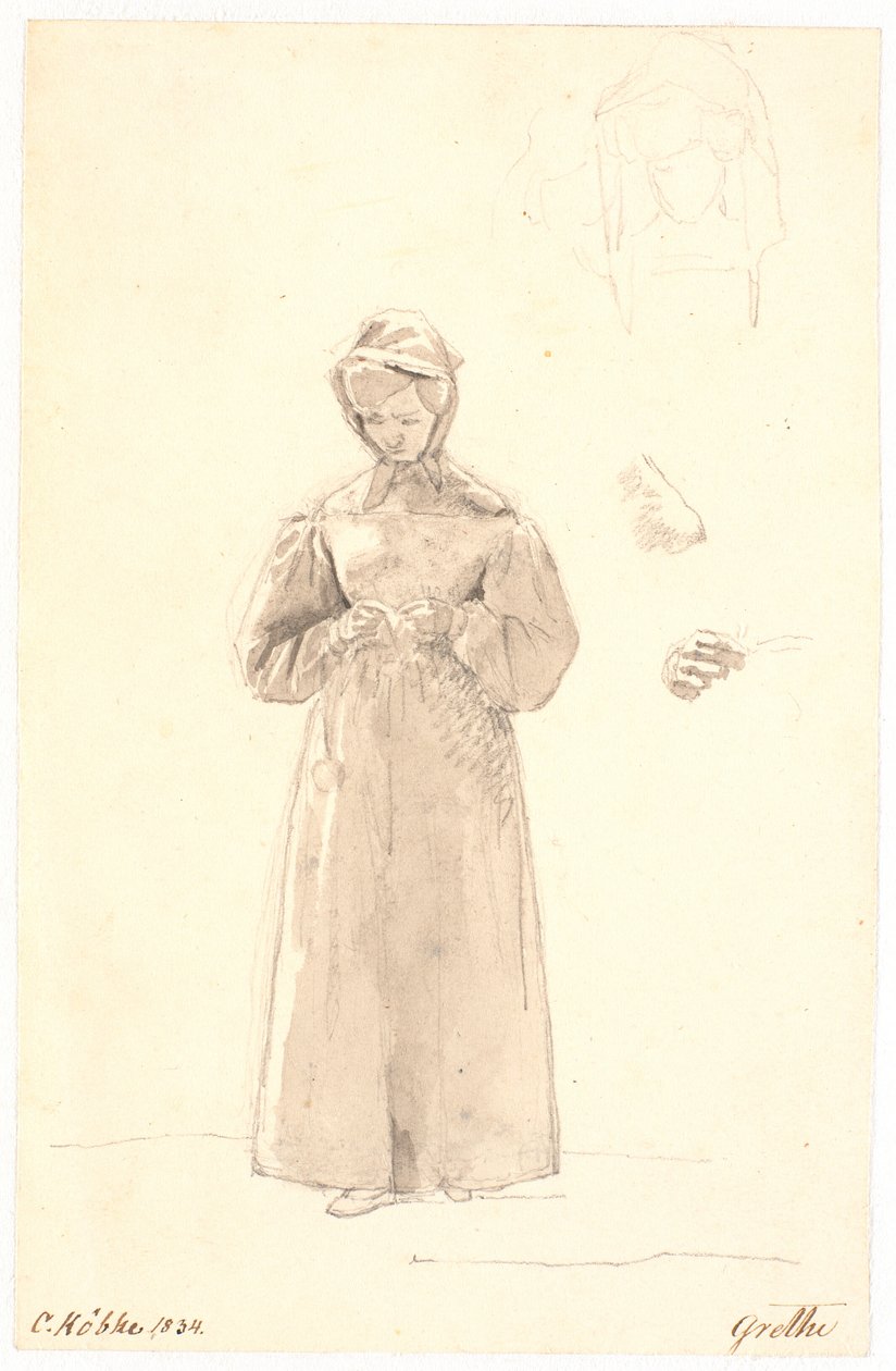 Estudo da irmã do artista Cecilie Margrethe, h. dois esboços de sua cabeça, bem como esboços de seu pescoço e ombro e de sua mão direita de Christen Købke
