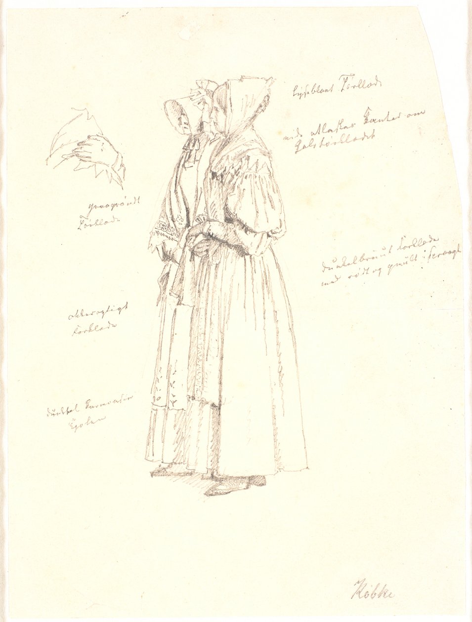 Estudo de desenho para as figuras femininas na pintura, Vista de Dosseringen por Sortedamssøen em direção a Østerbro de Christen Købke