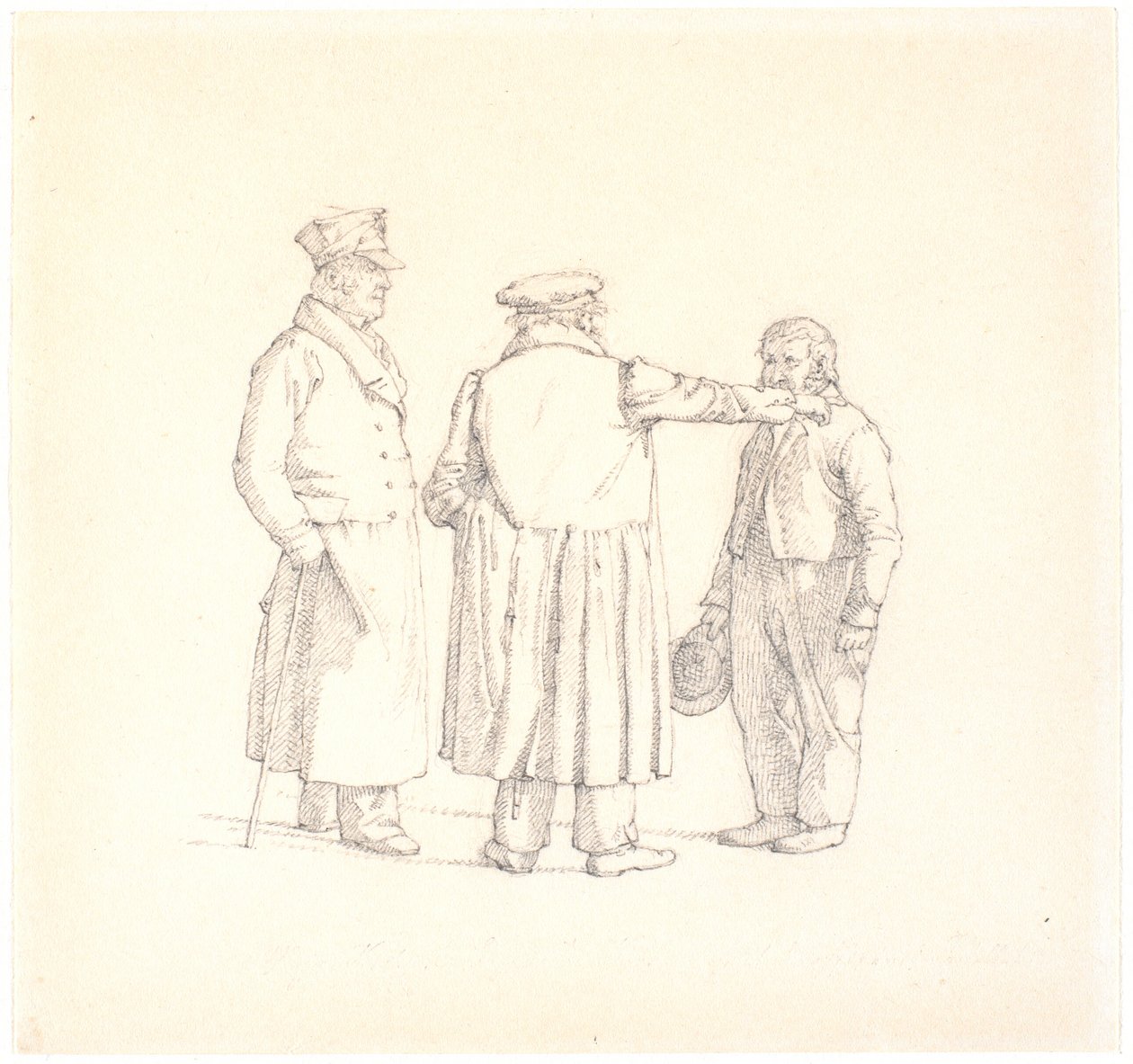 Três pessoas conversando; padeiro Købke, de costas para o meio, t.v. major Krohn e t.h. sargento escravo Spröch de Christen Købke