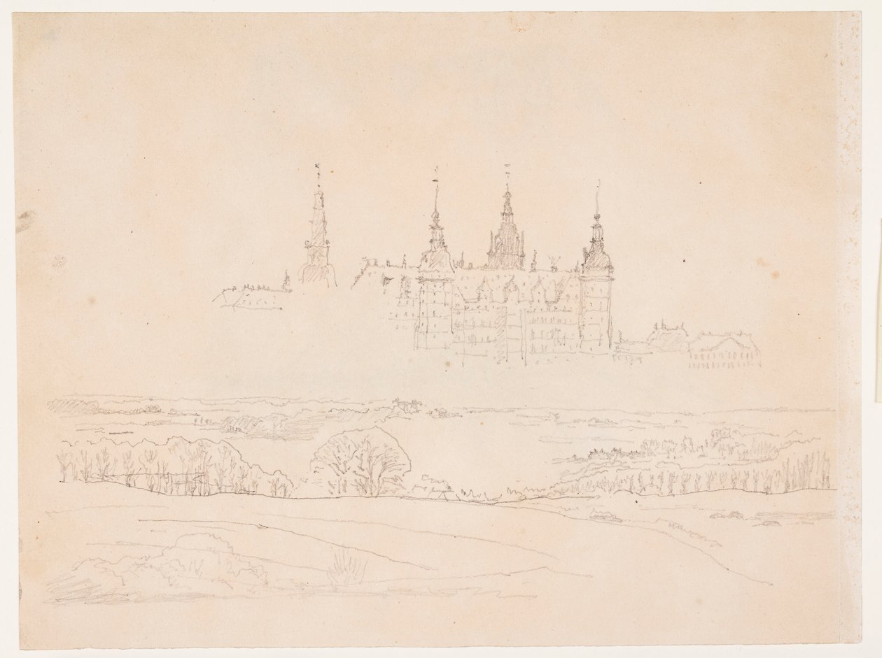 Estudo para "Paisagem de outono" de Glyptoteket. Castelo de Frederiksborg no meio termo de Christen Købke