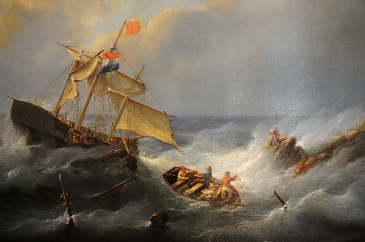um navio em apuros em uma costa rochosa de Christiaan Cornelis Kannemans